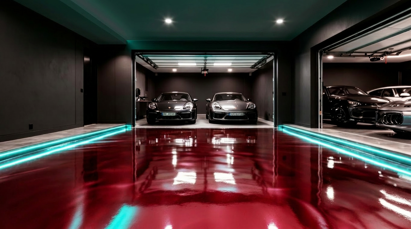 Glossy metallic orange epoxy garage floor in Fort Lauderdale